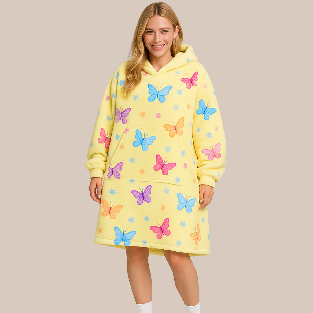 Full front standing view of the Butterfly Dream fleece hoodie blanket with large colorful butterflies.