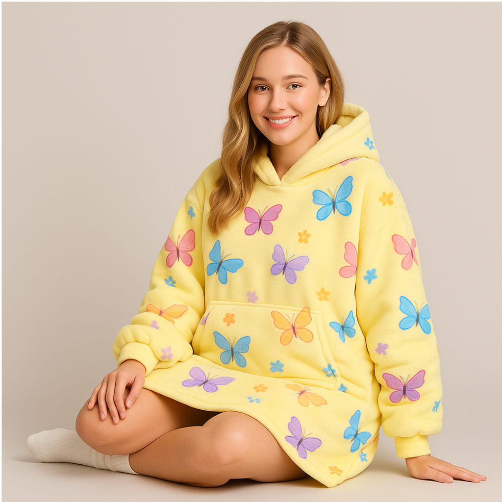 Woman sitting cross-legged in a cozy yellow Butterfly Dream hoodie blanket with pastel butterfly details.