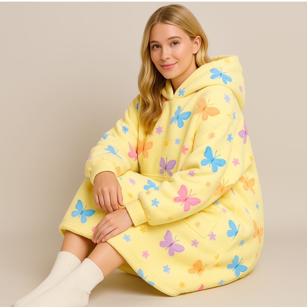 Seated model with knees up, smiling in a soft yellow hoodie blanket featuring butterfly patterns.