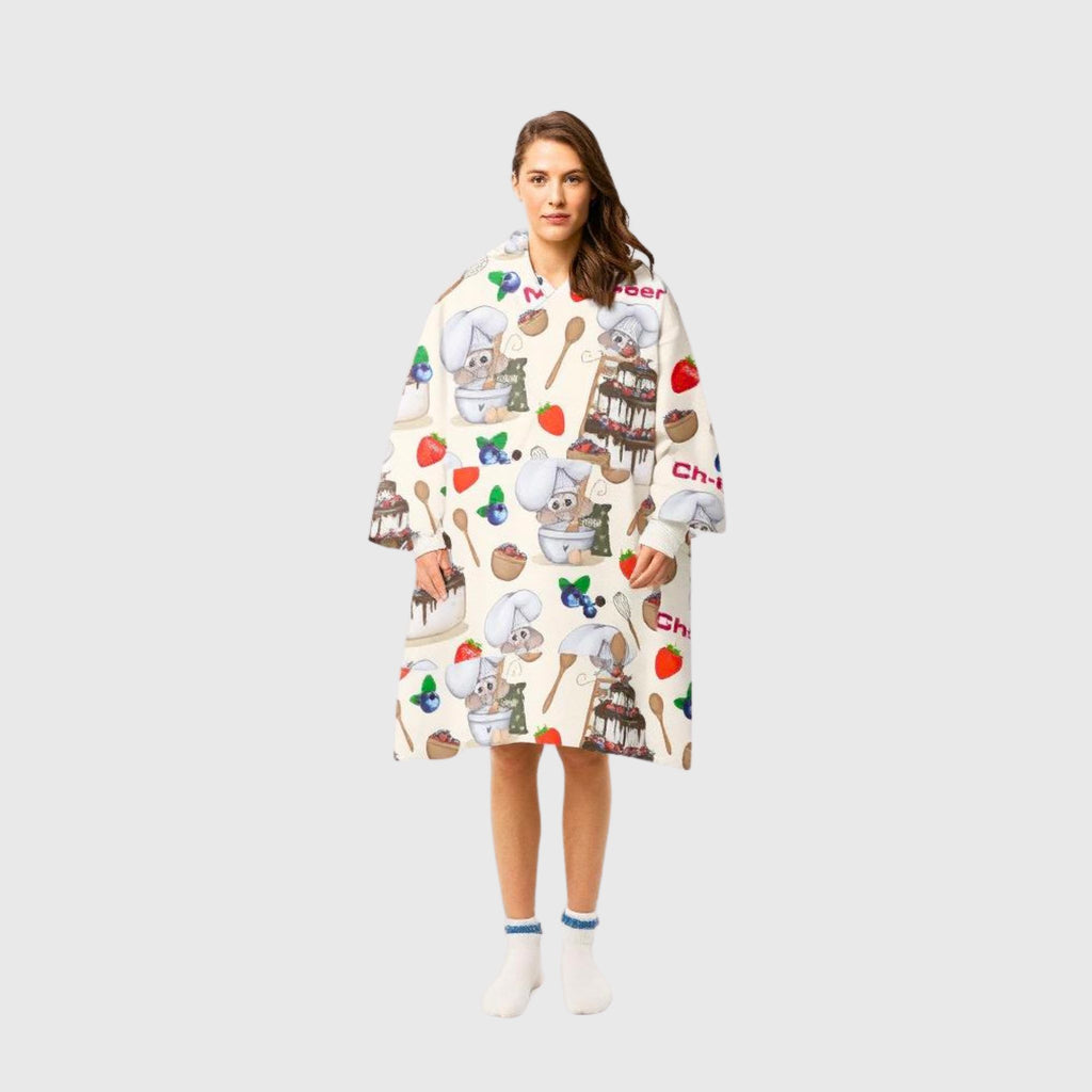 Woman standing in Mouse Chef cozy hoodie blanket