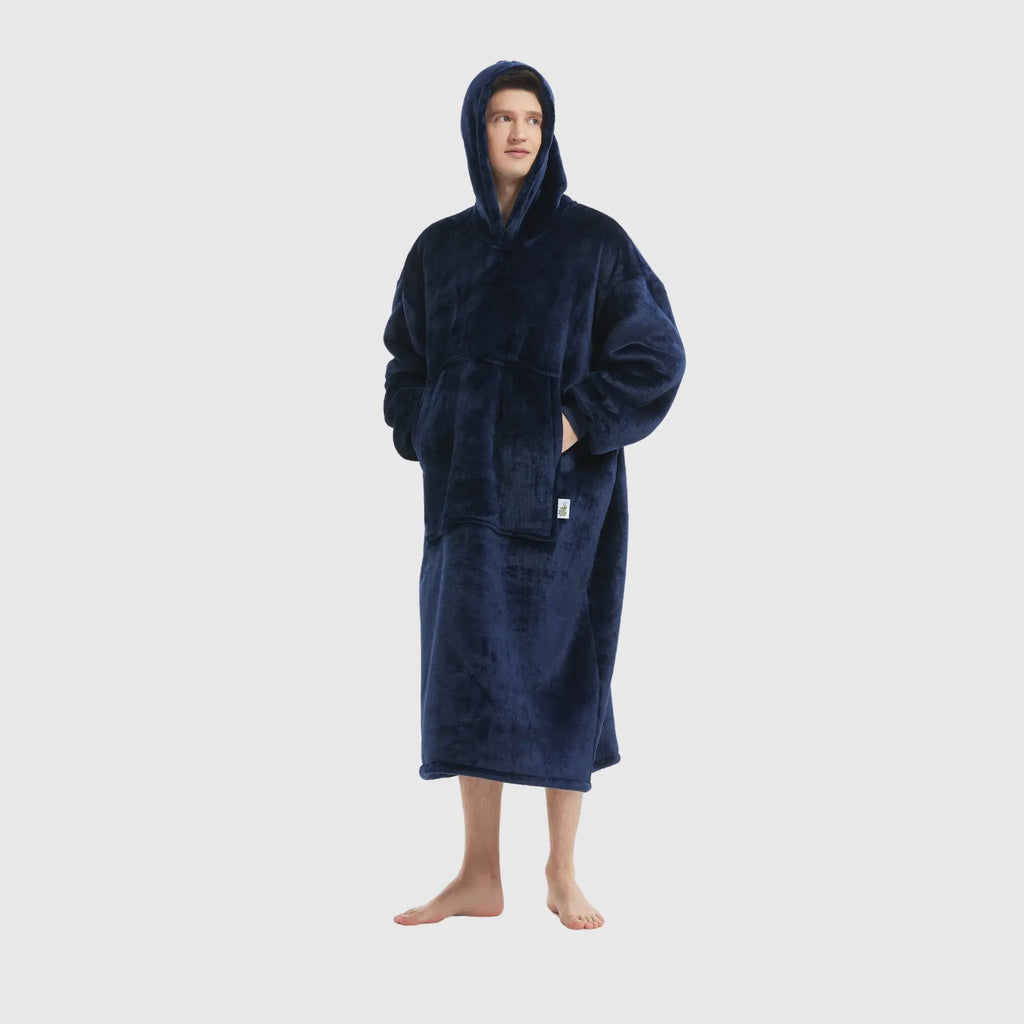 Hoodie Haven navy blanket hoodie shown with hood up on male model